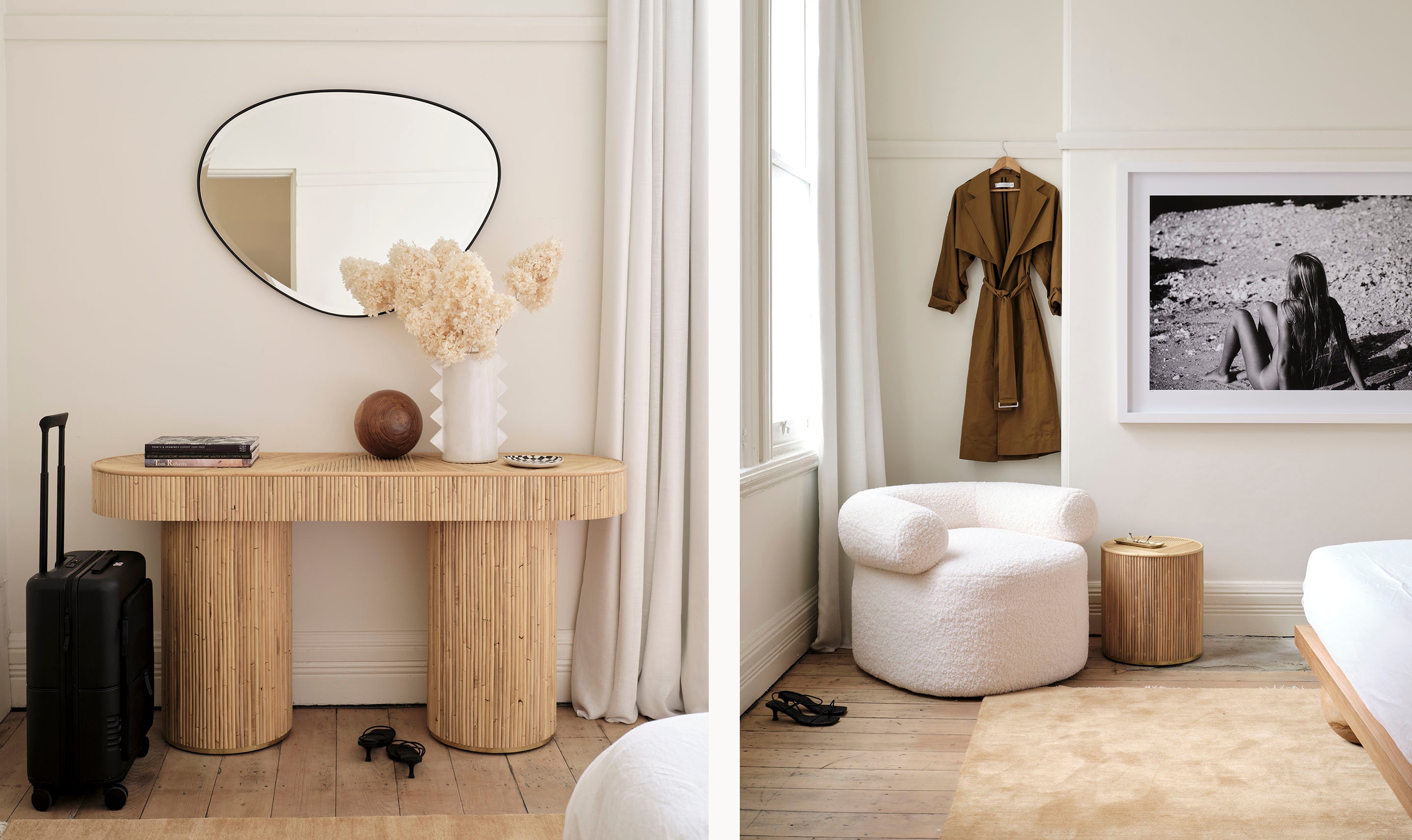 Sarah Ellison's Three Rooms apartment, featuring our Pebble Mirror, the Huggy Armchair, and the Halston Console