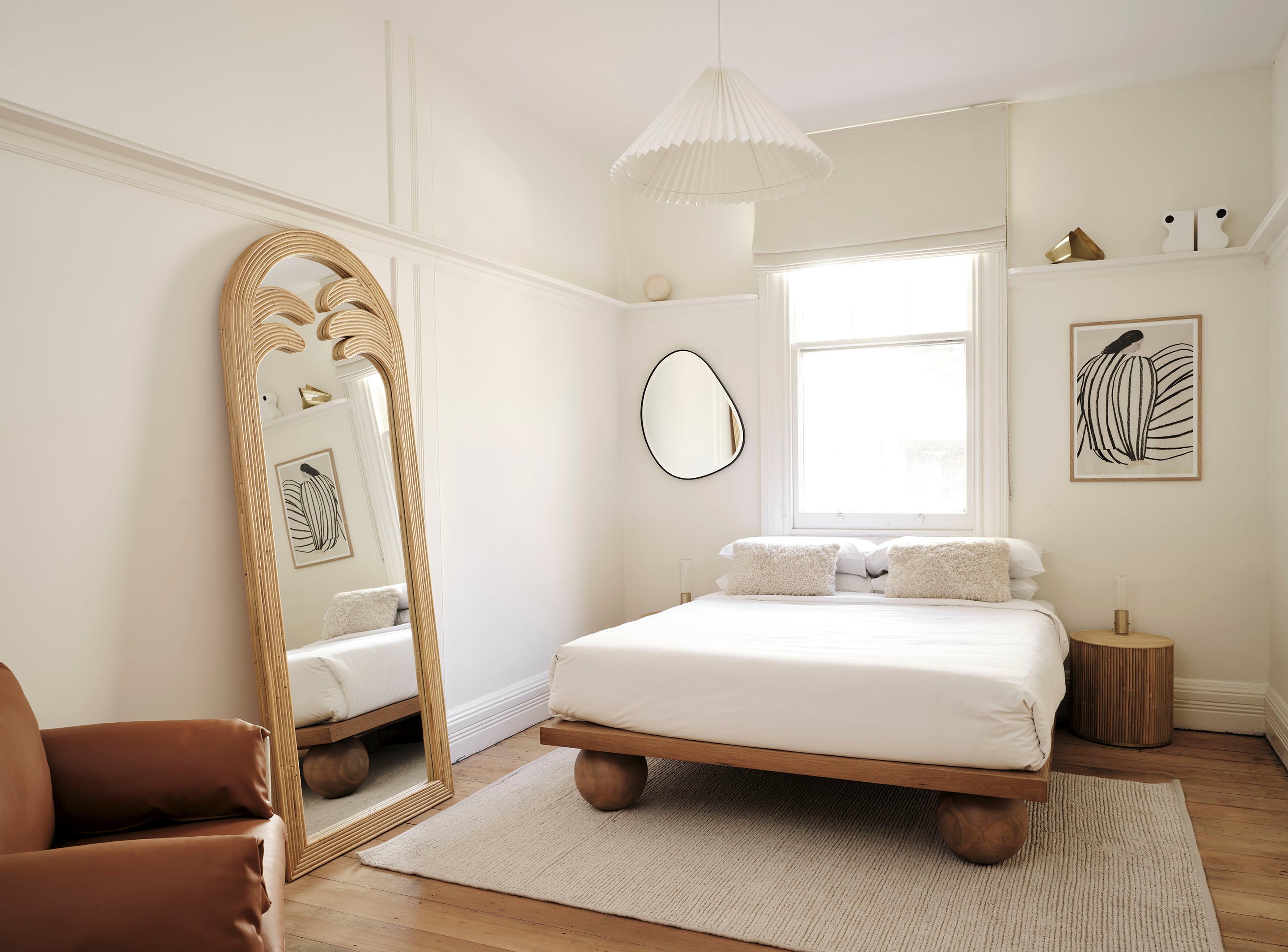 Sarah Ellison's Three Rooms apartment, featuring our Pebble Mirror, the Yoko Bed and the Gabriella Mirror