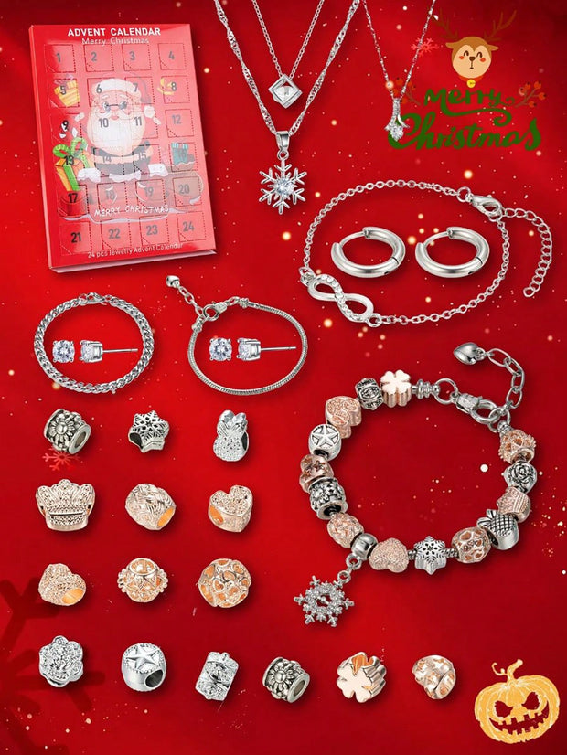 1 Set Fashionable 24 Days Calendar Countdown Christmas Surprise Blind Box  Metal Charm Beads Bracelet DIY Jewelry Making Kit