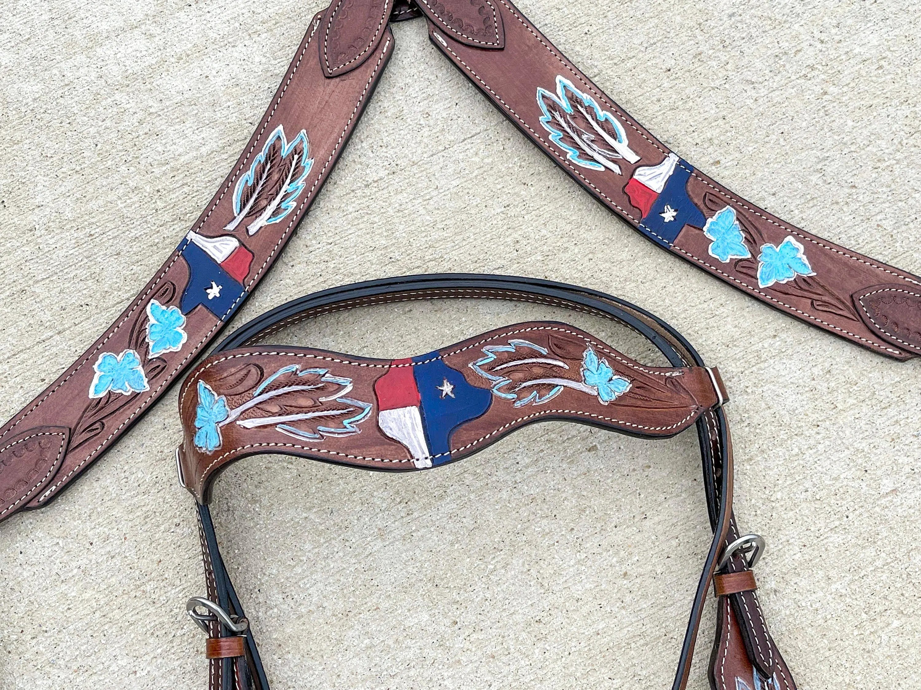 Western Dark Brownleather Tack Set of Headstall and Breast 