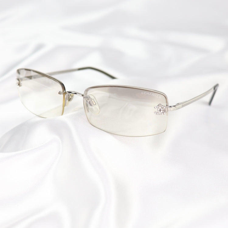 Vintage Chanel 4093-B Rimless Crystal Diamante Rhinestone Silver Grey Sunglasses