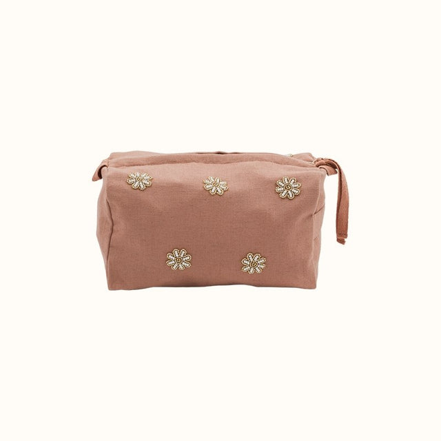 Toiletry bag with beaded daisies cotton linen terra - À la Collection - wonder & melon