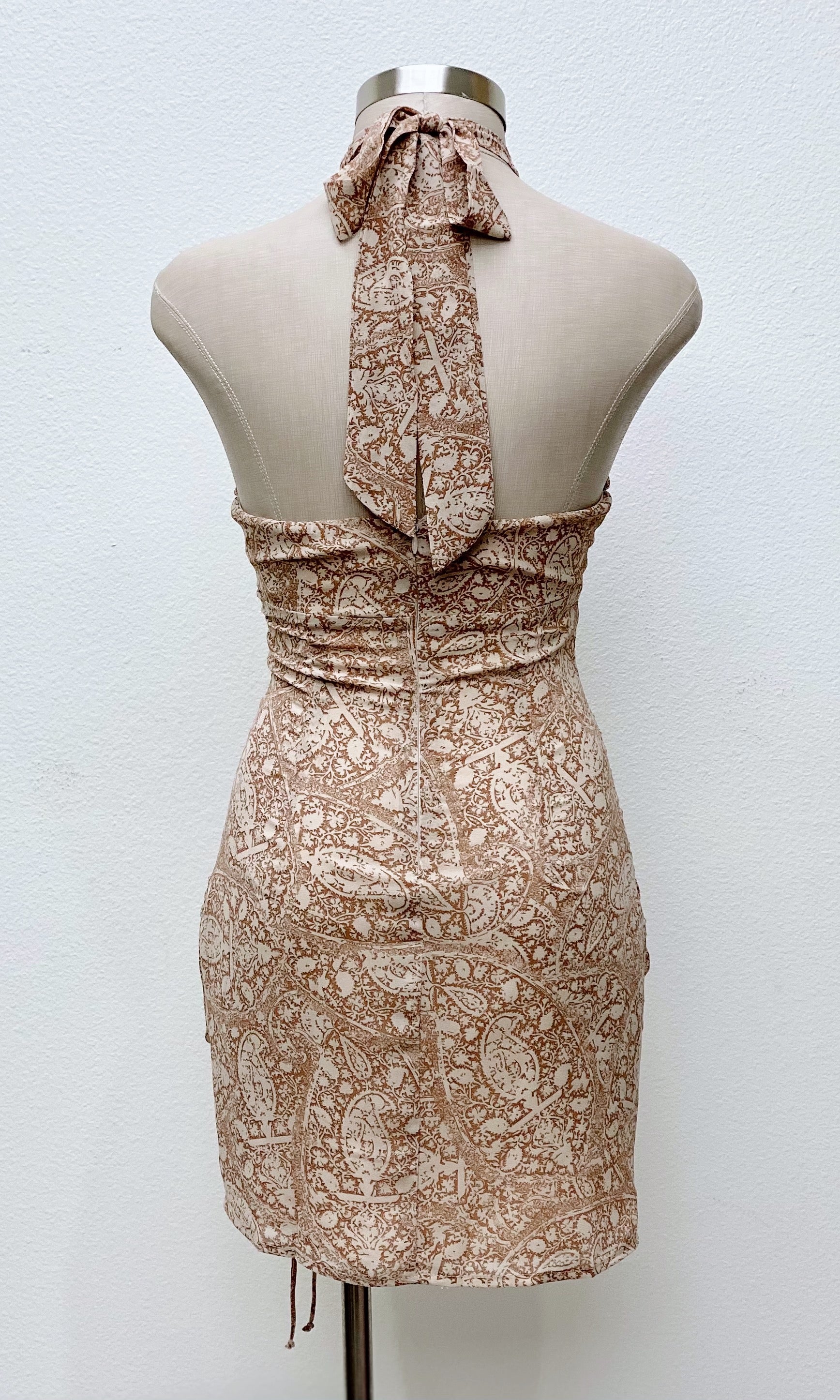 Paisley Cross Halter Mini Dress | Taupe