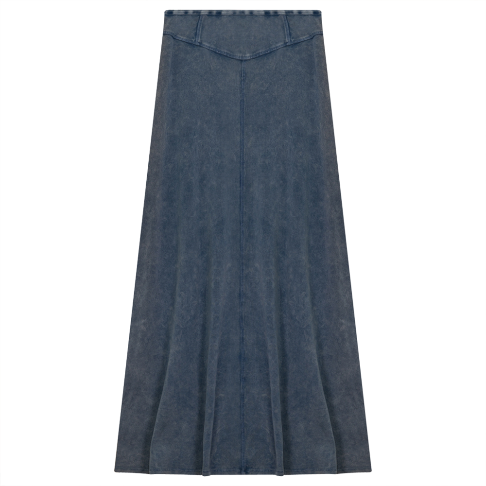 Long Denim Wash Skirt With Diagonal Cuts