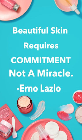 Photo of assorted skincare with quote from Erno Lazlo