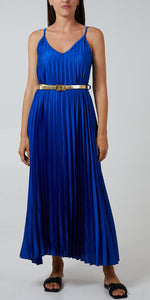 Belted Satin Pleated Maxi Dress in Blue