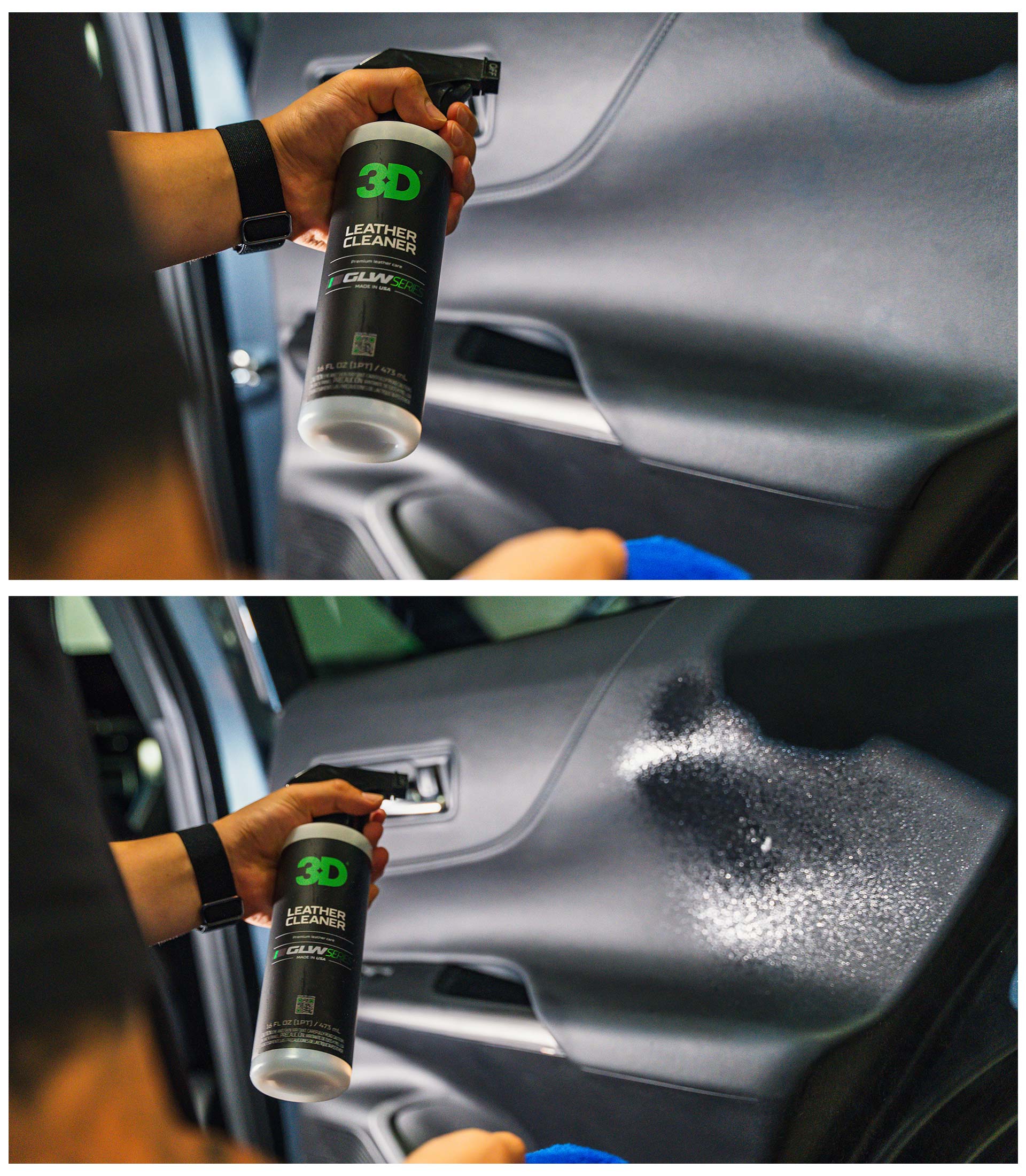 3d glw leather cleaner on black leather door panel