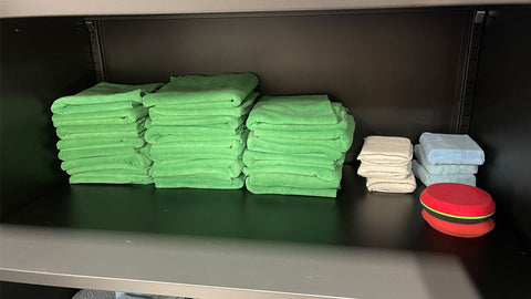 microfiber towels stacked neatly on the shelve 