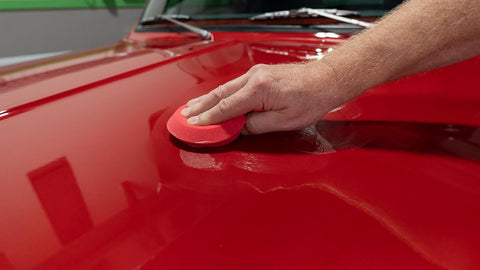 applying wax to car with a sponge 