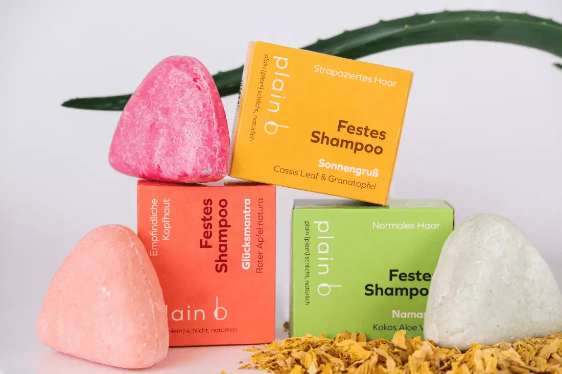 Solid shampoo from plain b can be seen in all three versions, both as a naked shampoo and in a folding box.