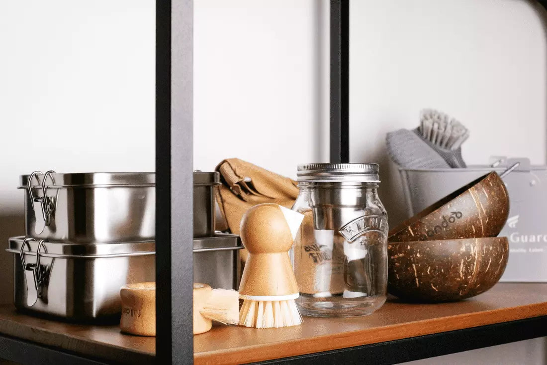 Sustainable kitchen and household items on a shelf