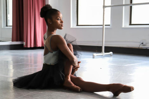 Ingrid Silva a famous black ballerina wearing imperfect Pointes Cilicia leotard in the studio at Dance Theatre of Harlem