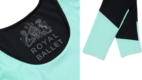 dancewear collaboration vest and leggings royal ballet imperfect pointes black and minty recycled nylon 