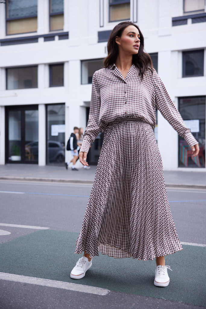 Image: Carrington Shirt and Alias Pleated Skirt in Choc Houndstooth