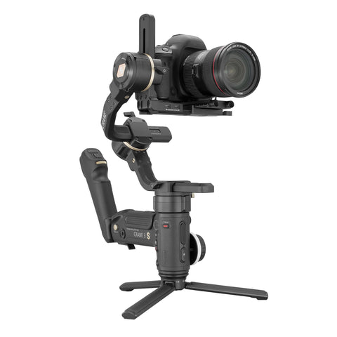 image shows the zhiyun Crane 3s with a camera mounted on it