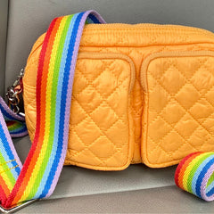 Colorful rainbow strap shown on a small purse.