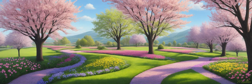 Dreamy spring season landscape featuring a pastel colorway.