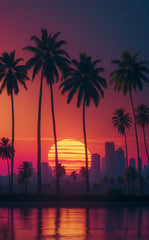 Photo of palm trees in a sunset.