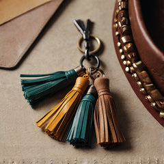 Photo of leather tassels made from leather scrap pieces.