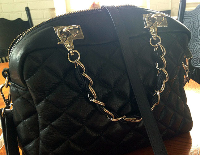 Italian quilted handbag with new chain + leather weaved handles.