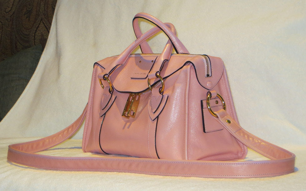 New, matching leather cross body strap added to Marc Jacobs Small Fulton satchel in Cherry Blossom pink.