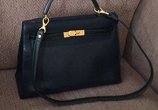 Vintage Hermes Kelly with new dark green leather shoulder strap (attached to existing hardware).