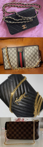 Photos of popular chain straps on purses and handbags.