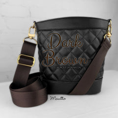 Dark Brown luxurious satin nylon strap shown on bag.