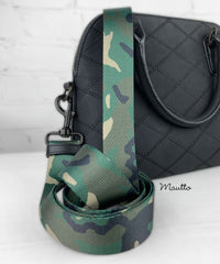 Green camo design strap shown on handbag.