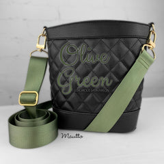 Olive Green luxurious satin nylon strap shown on bag.