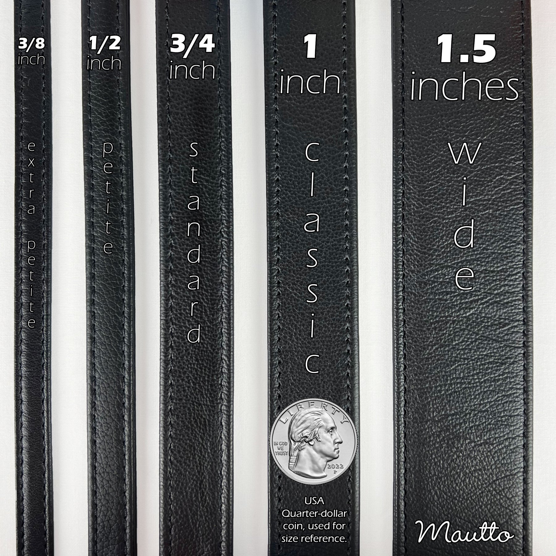 Photo showing leather strap widths compared to USA quarter-dollar coin.