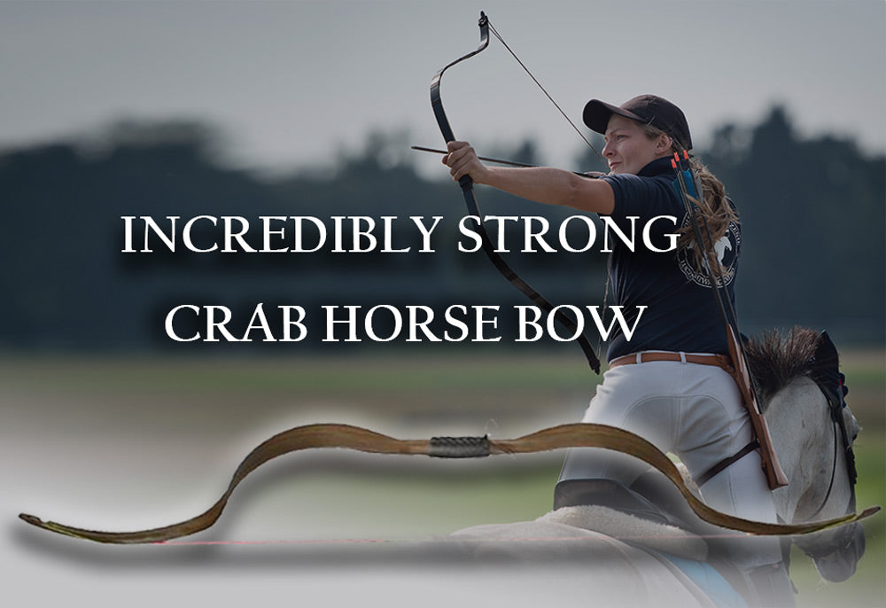 Girl riding horse doing archery with crab horse bow