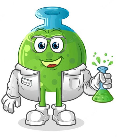 Cartoon chemical in a flask wearing a lab coat, holding a smaller flask of chemical