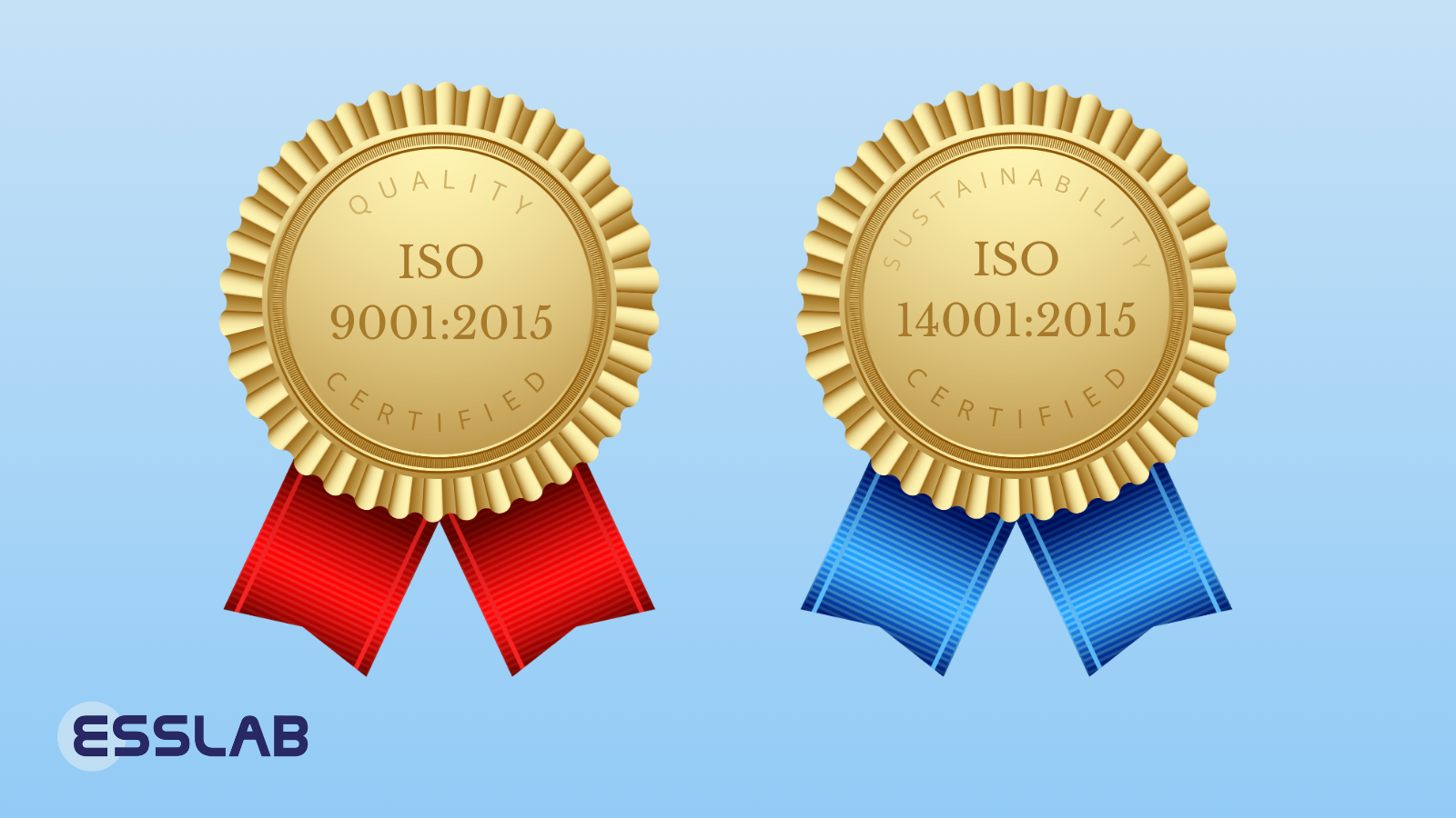 Two identical gold medals, one with Red Ribbon, one with Blue Ribbon. Etched with 'ISO 9001:2015 Certified' and 'ISO 14001:2015 Certified'