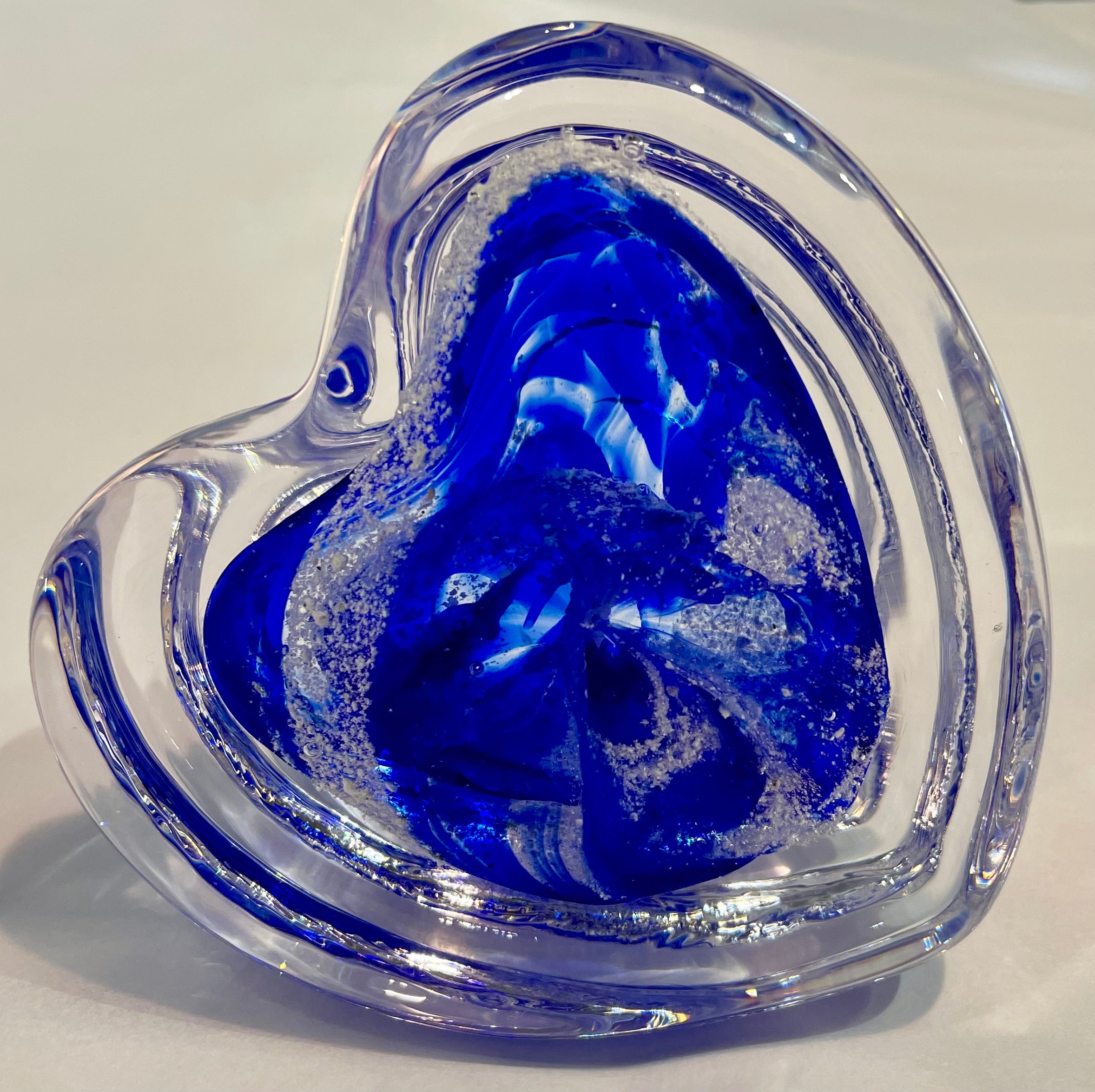 Hand Blown Glass Cremation Ashes into Step Heart Paperweight