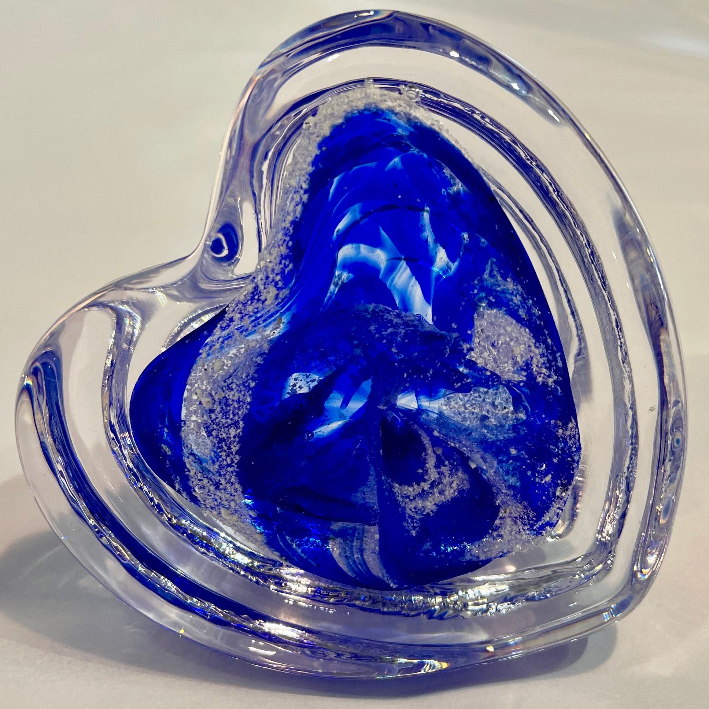 Hand Blown Glass Cremation Ashes into Step Heart Paperweight