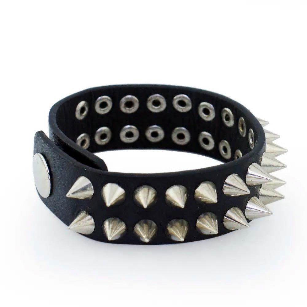 Punk / gothic / metal double stud spiked leather bracelet band ...