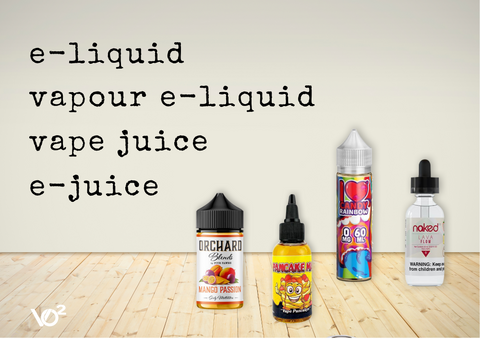 Definition for e-liquid, vapour e-liquid, vape juice, e-juice.