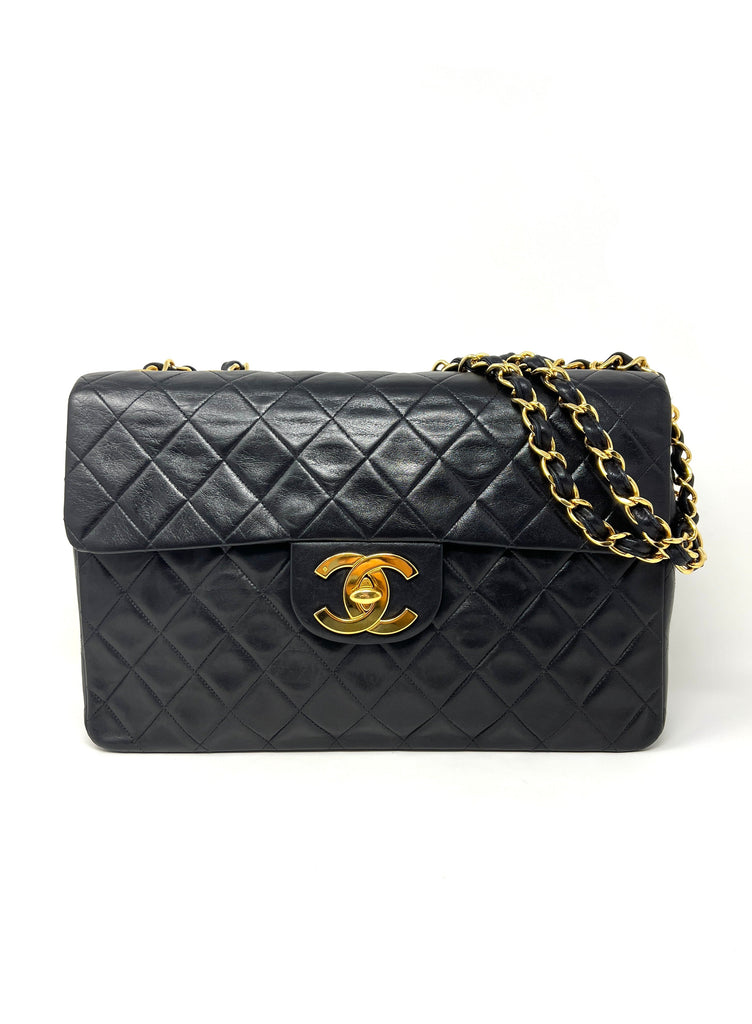 1995 Chanel Jumbo XL Maxi Black Quilted Lambskin Single Flap Handbag Purse