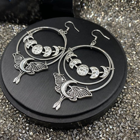 Moonphase / Luna Moth Earrings Tibetan Silver Drop Earrings Boho Pagan Gift Goth Earrings