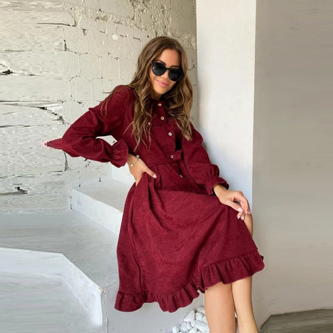 Women Corduroy Ruffle Dress Casual Long Sleeve O Neck Button Sashes Dresses Vintage A-Line Party Knee Dress 2022 Autumn Winter