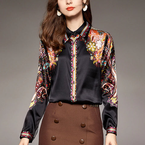 Satin Shirt Elegant Fashion Turn-down Collar Long Sleeve Print Woman Shirts Blouses Female Black Blouse Tops.