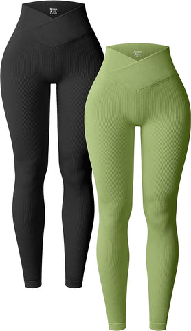 2 Piece Yoga Leggings Ribbed Seamless Workout High Waist Cross Over Athletic Exercise Leggings
