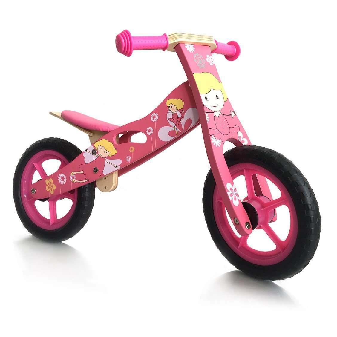 pink wooden balance bike