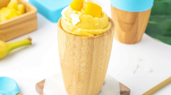 Banana smoothie inside an eco rascals bamboo cup