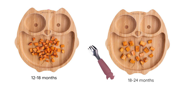 How to serve sweet potato to children over 12 months shown on an eco rascals bamboo owl plate.
