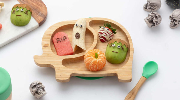 bamboo elephant plate with fruit halloween treats