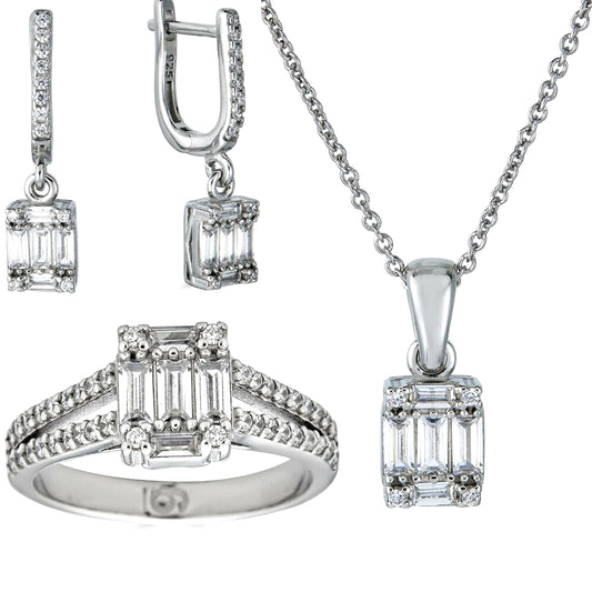 Real 925 Silver Diamond Ring Pendant Necklace Earrings Jewelry Set