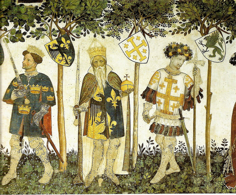 Painting of King Arthur, Charlemagne, and Godfrey de Bouillon, by Jacques Iverny (ca. 1411)  