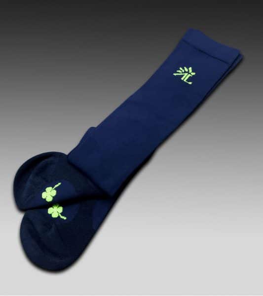 Chaussettes Equitation Hautes 37-40 bleues logo et symbole vert brillant AL Sportswear Alexandra Ledermann Sportswear